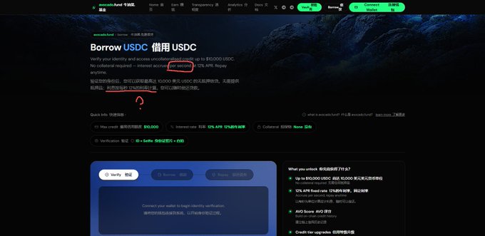 The image shows the "avocado.fund" website, advertising the ability to "Borrow USDC" up to $10,000 with no collateral required and a 12% APR interest rate accruing "per second". The text in the image directly supports the post's question about the "12% per".