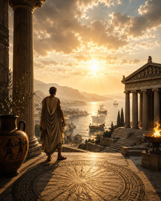A digital illustration of a robed figure overlooking a sunlit ancient Greek harbor, with classical temples, sailing ships, and decorative columns and pottery in the foreground.