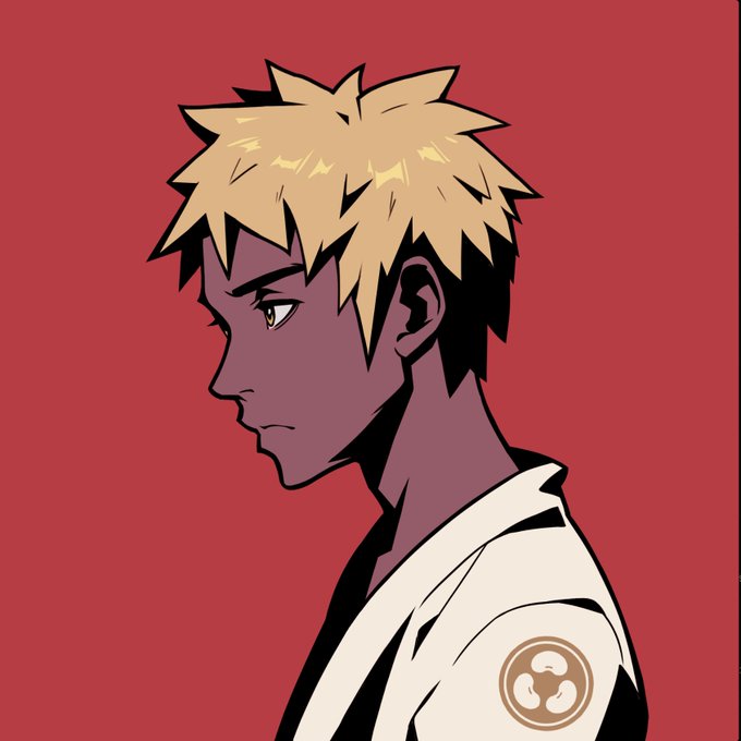 Anime-style profile portrait of a blonde-haired character with dark skin against a solid red background, wearing a white robe with a circular emblem.