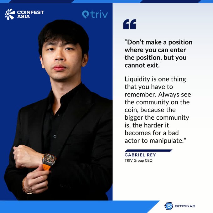 A CoinFest Asia promotional graphic features Gabriel Rey, TRiV Group CEO, with the quote 'Don't make a position where you can enter the position, but you cannot exit. Liquidity is one thing that you have to remember...'