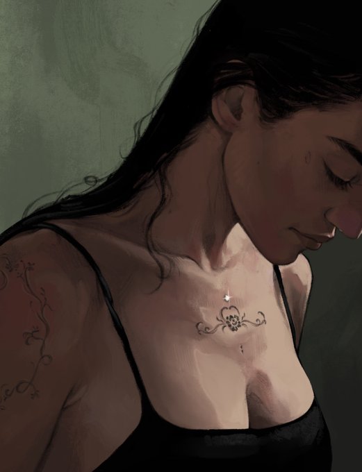 A digital painting/illustration of a woman with dark hair looking downward, wearing a black tank top, with a floral tattoo design visible on her chest and decorative markings on her arm.
