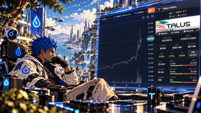 An anime-style illustration depicts a blue-haired character in futuristic attire looking at a trading screen displaying 'TALUS' token data with USDC/USDC pair, showing prices, market cap ($67.6M), and various trading metrics.