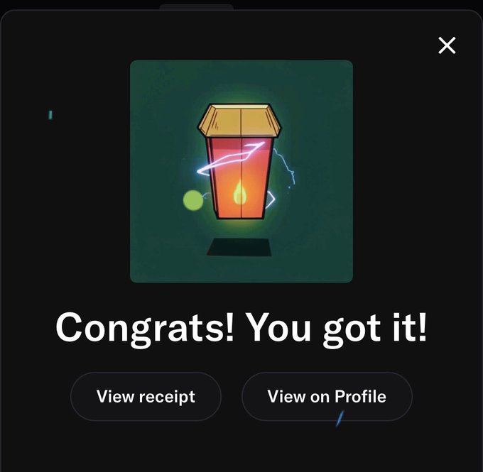 A digital pop-up displays a cartoon lantern with pink and blue electricity bolts, reading 'Congrats! You got it!' with buttons for 'View receipt' and 'View on Profile'.