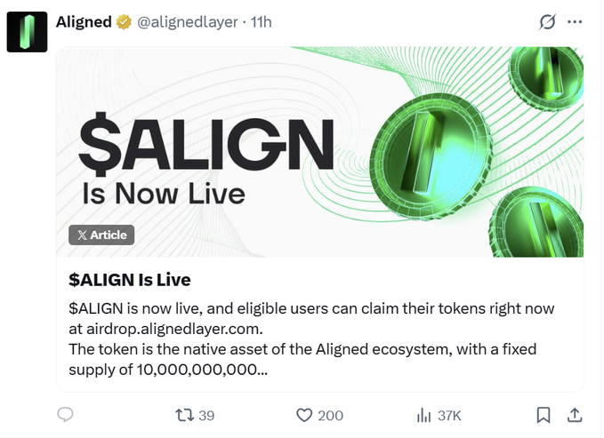 A Twitter/X post from @alignedlayer announcing that the $ALIGN token is now live, directing users to airdrop.alignedlayer.com and mentioning a fixed supply of 10,000,000,000 tokens.