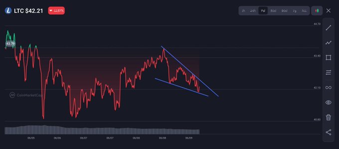 A graphic representation of a stock chart showing LTC going down, with an arrow pointing downwards and a line of red data points indicating a downward trend. The title "LTC Is Compressing Inside a Falling Wedge" suggests that the stock is experiencing significant compression or collapse in value, which could lead to investors reacting negatively, as implied by the caption.