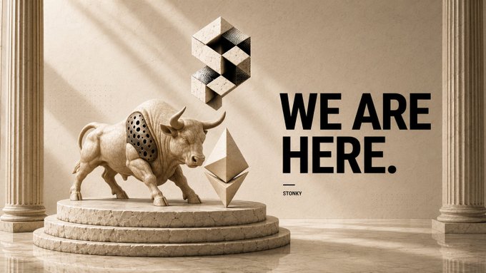 A marble bull statue on a pedestal beside floating Ethereum and geometric symbols is displayed in a classical columned setting, with the text "WE ARE HERE. STONKY" — echoing Stonky's announcement that they're pushing fixes for trades, curves, and indexing issues during $STONKY season.
