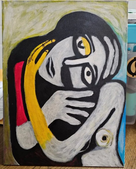 An abstract expressionist painting featuring a cubist-style figure with distorted features in black, yellow, red, gray, and turquoise tones on a canvas.