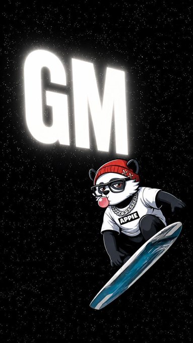 A black graphic with glowing white "GM" text featuring a cartoon panda wearing a red beanie, sunglasses, and bubblegum, with "APPLE" on its shirt, riding a surfboard against a starry background.