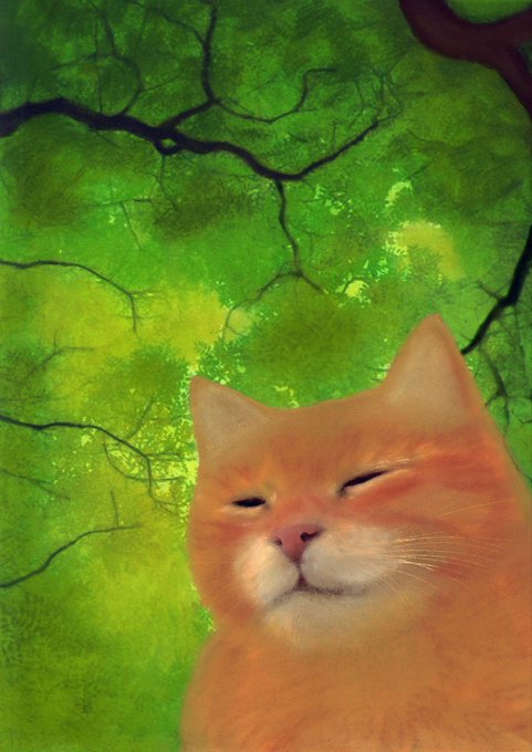 A digital painting of a smiling orange tabby cat with closed eyes set against a textured, mottled green background with dark branch-like lines.