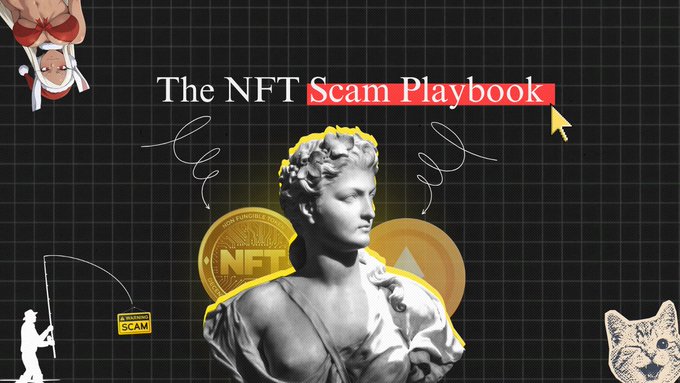 A dark graphic titled 'The NFT Scam Playbook' featuring a classical statue and cryptocurrency icons like Bitcoin and Ethereum.