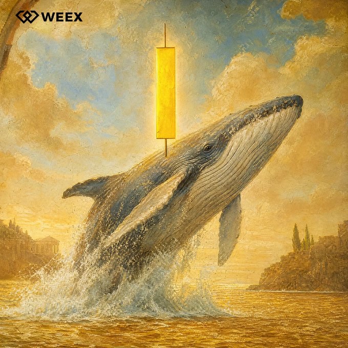 A majestic whale breaches the golden ocean waves in classical oil-painting style, with a glowing candlestick chart overlaid above its head. The image symbolizes the "smart whale" tracking market price action, visually reinforcing the message: "The smart whale is buying — Are you?"
