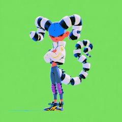 A stylized cartoon character with striped horns, a red face, and a striped tail stands against a green background, complementing the cheerful "gm" (good morning) greeting.