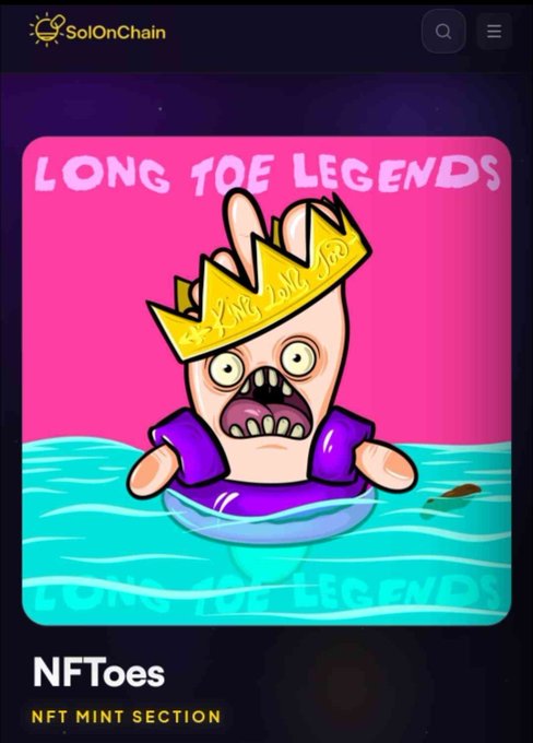 A promotional image for "Long Toe Legends" NFT collection on the SolOnChain platform, featuring a cartoon character with an oversized nose wearing a crown and snorkel floating in water, with "NFToes" and "NFT MINT SECTION" text below, teasing the upcoming mint party mentioned in the post.