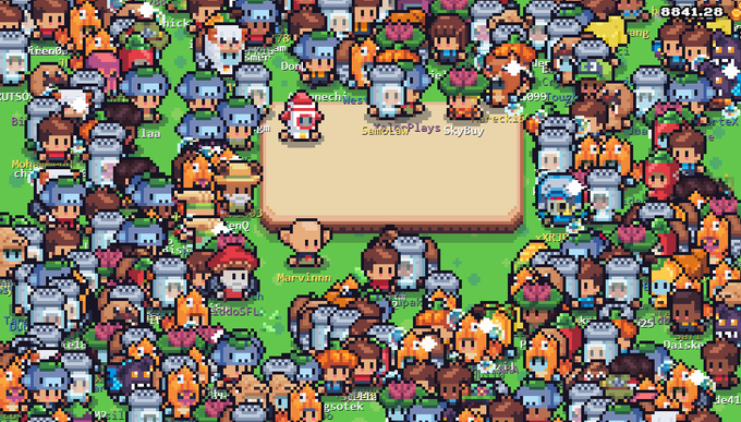 A pixel-art gaming scene showing dozens of small penguin-like characters crowded around an empty central area labeled 'Simple?Plays Skybuyy,' resembling a stamp or crowd event from a multiplayer online game.