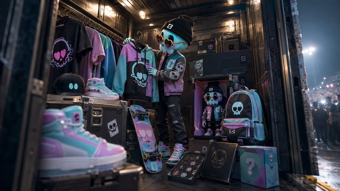 A skull-masked streetwear character wearing a black beanie and leather pants stands in a truck displaying an edgy urban fashion collection featuring skull-themed hoodies, pastel sneakers, backpacks, and a skateboard.