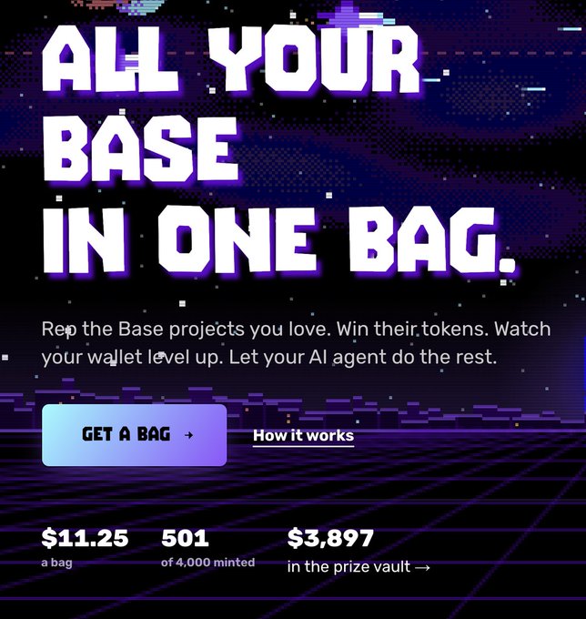 A pixel-art promotional page reads 'ALL YOUR BASE IN ONE BAG.' and says users can rep Base projects, win tokens, and let an AI agent do the rest; visible figures include '$11.25 a bag,' '501 of 4,000 minted,' and '$3,897 in the prize vault.'