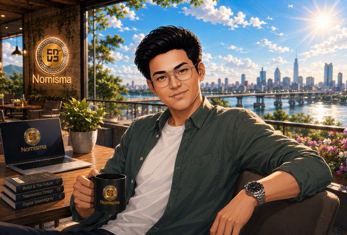 A man in a suit is seated at a desk, holding a coffee mug and sitting next to a laptop computer. He's wearing glasses and looking directly at the camera. Behind him, there are several books arranged on a table or shelf. The backdrop of this scene features city buildings, trees, and water.