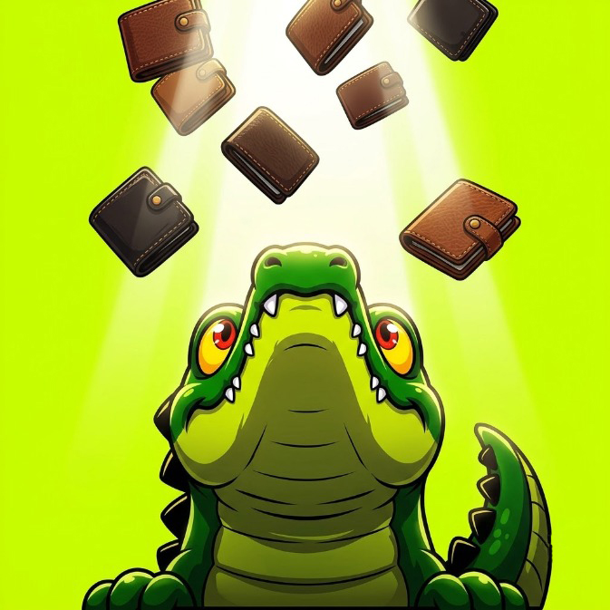 A cartoon green crocodile stares upward with wide, eager eyes as brown leather wallets rain down from above against a bright green background, symbolizing the CHOMP token registration event at new.chompcoin.fun where users can claim their wallets' allocated tokens before the 10-hour deadline.