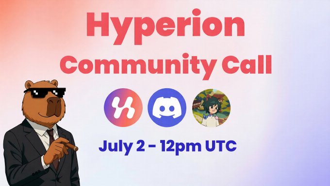 A promotional graphic for a 'Hyperion Community Call' on July 2 at 12pm UTC, featuring the Hedera and Discord logos, a character avatar, and a bear mascot in a suit with sunglasses.