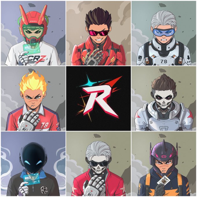 A 3x3 grid featuring eight stylized cartoon characters surrounding a central red, white, and blue 'R' logo. The characters display various designs, including futuristic helmets, sunglasses, and skull masks, with visible 'CRZ', 'ROA', 'RZ', and '78' branding.