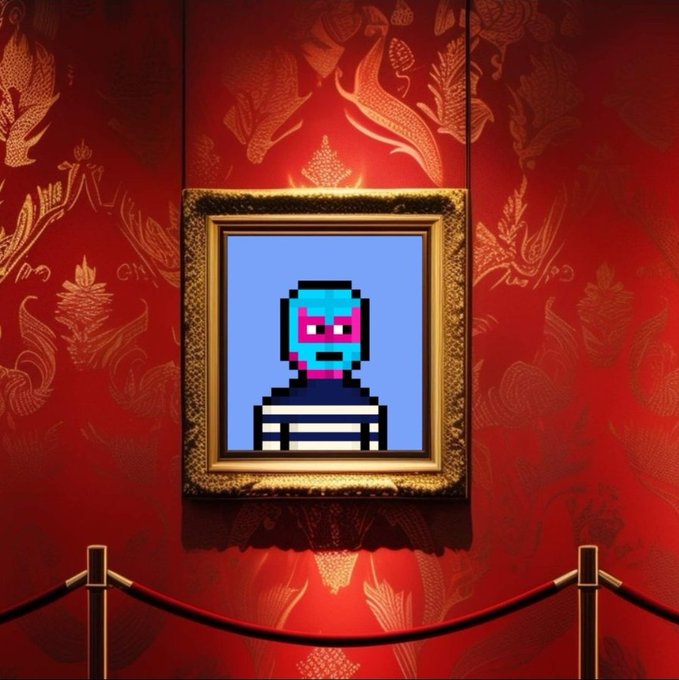 A pixel art portrait of a character with a cyan and magenta face wearing a striped shirt, displayed in an ornate gold frame against a red damask wallpaper with a velvet rope barrier below.