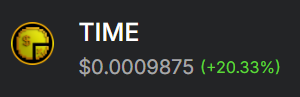 A glitch-style graphic on a black background displaying a golden coin and financial figures including '$0.00009875 (+20.35%)'.