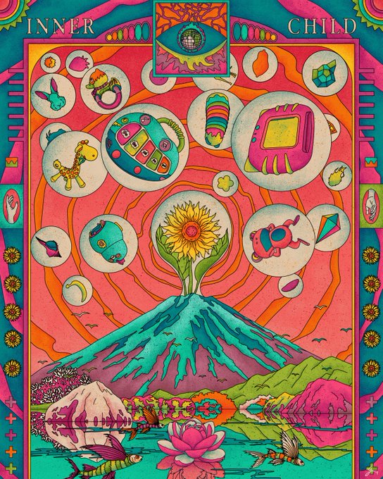 A vibrant, psychedelic poster titled 'INNER CHILD' featuring colorful illustrations including a sunflower, a mountain, a volcano, vintage toys, a fish, and a central eye motif surrounded by swirling patterns.