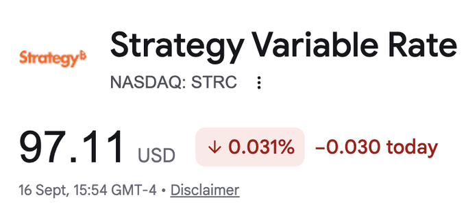 The image shows a stock quote for Strategy Variable Rate (NASDAQ: STRC) at $97.11 USD, down 0.031% (-$0.030) as of 16 Sept, 15:54 GMT-4, trading below par. This visually supports the post's argument that STRC needs a yield increase to stimulate demand and return to its $100 par value, especially given the recent fed rate hike and rising risk-free rates.