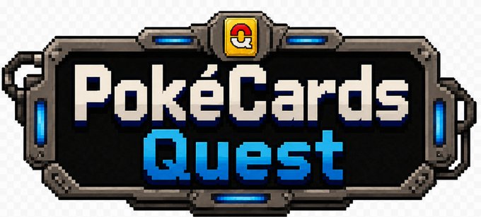Pixel art logo for 'PokéCards Quest' featuring a metallic frame with blue accents and a gold 'Q' emblem at the top.