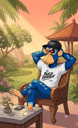 A cartoon Bored Ape NFT character wearing sunglasses, a cap reading 'APENER EST. 2021', and a 'BUILD DIFFERENT' t-shirt, relaxing in a wooden chair in a tropical garden.