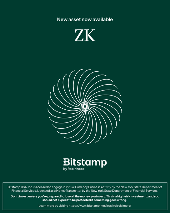 The image is a poster advertising a new cryptocurrency trading platform called Bitstamp. The poster features an abstract illustration of a spiral design, composed of multiple lines, which could represent various elements related to the platform or its services. The text below this illustration states that "ZK" signifies the name of the coin being offered by the Bitstamp exchange, and that it is now available for trade. This text highlights the main feature of the poster - the description of the cryptocurrency trading platform in an artistic way to capture people's attention and communicate its purpose effectively.
