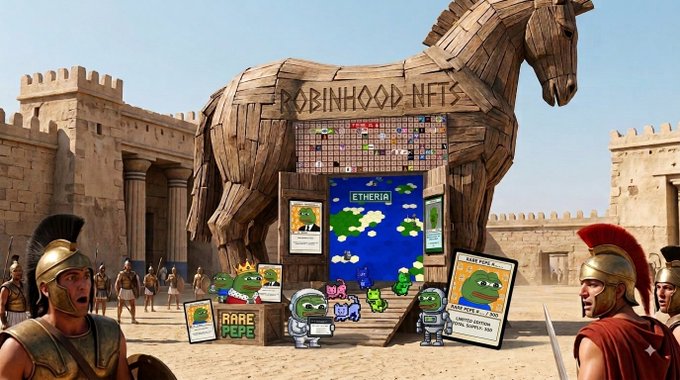 A creative image showing the Trojan Horse from Troy repurposed for crypto, with the words 'ROBINHOOD NFTS' carved into it and various cartoon frog characters and digital screens visible inside, flanked by Roman soldiers.