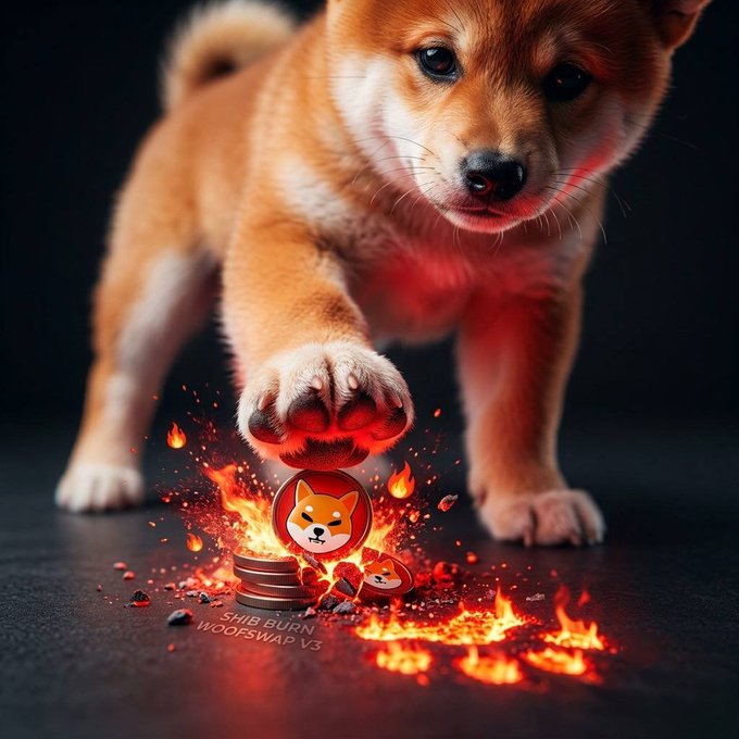 A Shiba Inu dog stands over a pile of burning Shiba Inu-themed crypto coins, with the text 'SHIB BURN WOOFSWAP V3' visible amid the flames.