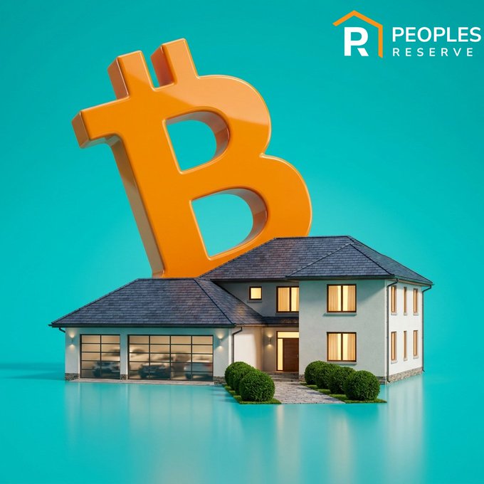 A 3D rendered promotional image for Peoples Reserve showing an orange Bitcoin symbol on top of a suburban house against a teal background.