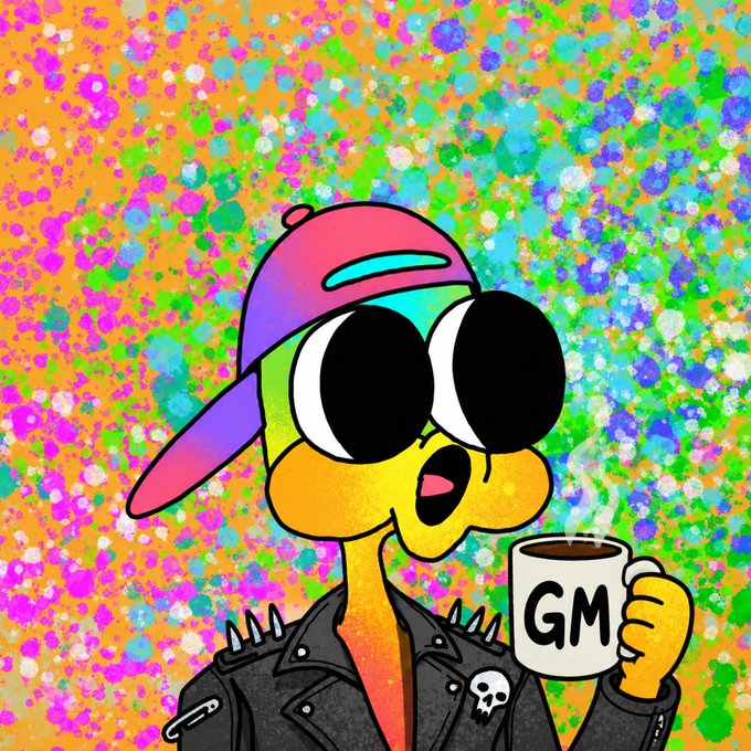 The image features a cartoon character wearing a leather jacket, sunglasses, and a hat with a pink band. The character appears to be holding a coffee cup and has a surprised expression on their face. The background of the image consists of splashes of color in shades of orange and green, which gives it an artistic and vibrant feel. The post includes text that reads "GM Hyping up the next big mints @GLiFSbyEfdot @hollows_nft @OriginalBlokyz Which projects are you most excited for?".