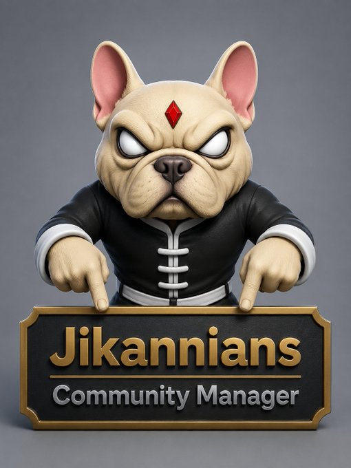 The image features a cartoon dog wearing a black suit with white accents, holding up a sign that says "Jikannians Community Manager" against a gray background. The text on the sign indicates that there are 200+ projects built across all chains but mainly on ETH and SOL. Additionally, the post mentions that the community manager has been working full-time since 2001 and they have dedicated their career to Web3.