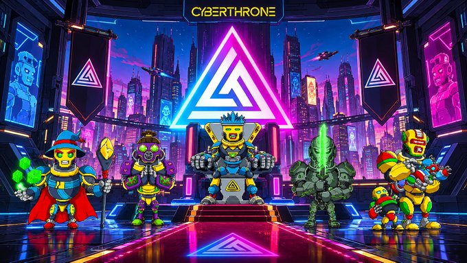 A vibrant CyberThrone promotional image featuring five detailed robot characters standing in a neon-lit futuristic cyberpunk cityscape with a large triangular logo above them.
