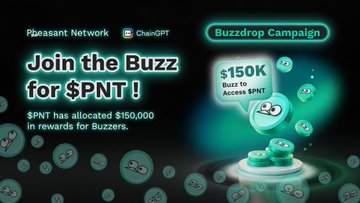 A promotional image promoting a Buzzdrop Campaign, with a large number of coins scattered across the background, representing a virtual reward system for those participating in bridge & swap activities. The text indicates that $150,000 has been allocated for participants who complete these activities successfully. This type of advertising is designed to attract attention and encourage people to take part in the campaign by offering an attractive opportunity to win $PNT in return for their efforts.