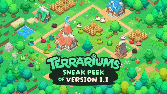 Isometric game promotional art for 'TERRARIUMS SNEAK PEEK OF VERSION 1.1' showing a colorful village with farm fields, houses, trees, and cute creatures.