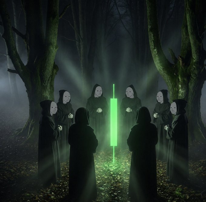 A group of hooded figures wearing blank white masks stand in a circle around a glowing green cylindrical light in a misty, dark forest setting.