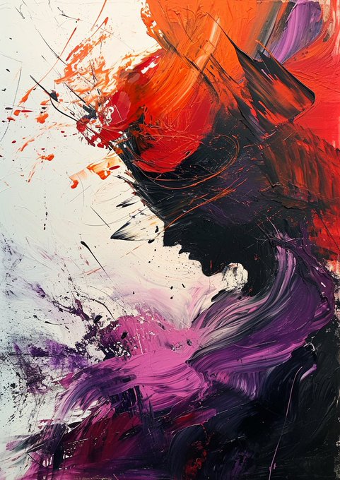 Abstract expressionist painting with bold, textured brushstrokes in red, black, white, and purple.