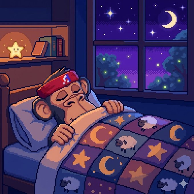 The image features a monkey lying down in bed, wearing a red bandana around its head. The monkey appears to be sleeping or taking a nap while resting under a quilt with stars and crescent shapes. The scene takes place next to a window that offers a view of trees outside. The post about crypto is written in the bottom right corner of the image.
