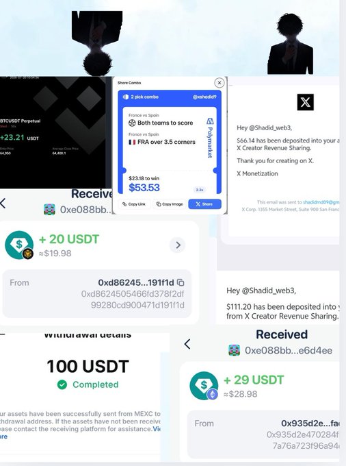 A collage of screenshots showing cryptocurrency earnings and deposits, including a FIFA World Cup prediction combo payout of $53.53 from @shadid9, plus various USDT receipts totaling over $500 from sources like Elonfi, MEXC, and X Creator Revenue Sharing. The image visually documents the user's claimed July earnings breakdown, though the amounts shown align with the post's reflection on gains lost to gambling.