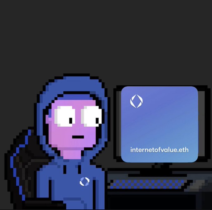 A pixel art illustration features a hooded figure with a purple face and large white eyes sitting next to a computer monitor displaying the text 'internetofvalue.eth' and a diamond-shaped logo.