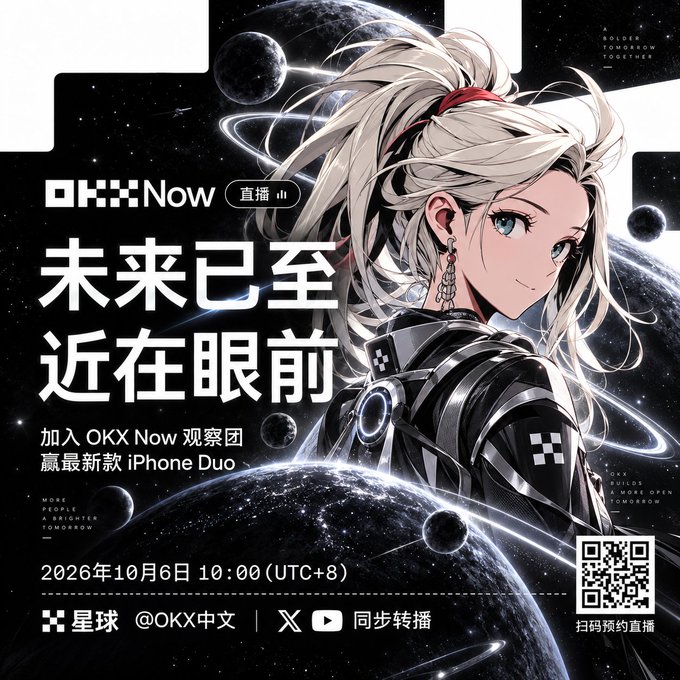 Promotional poster for OKX Now livestream featuring anime-style character with text "未来已至 近在眼前" and date "2026年10月6日 10:00 (UTC+8)", offering iPhone Duo giveaway.