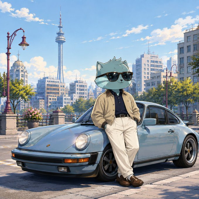 A stylish anime cat character in sunglasses and a beige jacket leans casually against a light blue classic Porsche 911, with a city skyline and tower in the background—evoking the "gm legends" spirit with a retro-cool, timeless vibe.