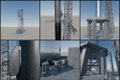 An industrial scene showing oil drilling equipment and pipeline infrastructure under a clear sky.