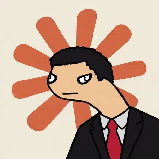 A cartoon illustration shows a man in a black suit and red tie with a blank, unimpressed expression, set against a beige background with a brown sunburst pattern.