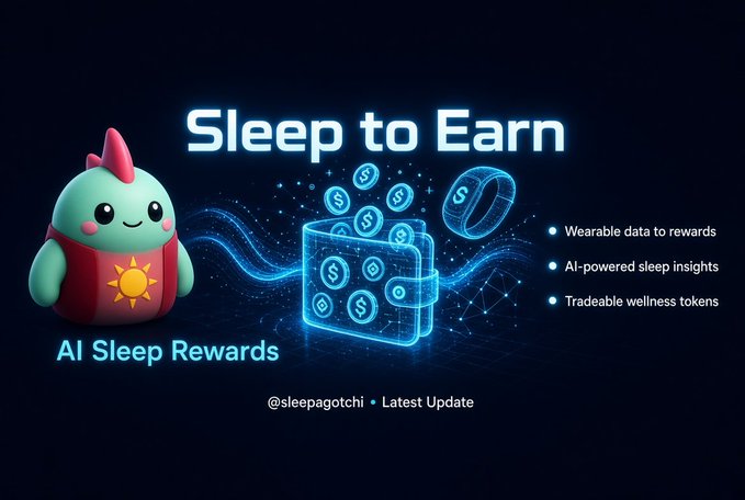 The image depicts a "Sleep to Earn" concept with an AI character, a glowing wallet filled with dollar coins, and a wearable ring, illustrating how wearable data translates into AI-powered sleep insights and tradable wellness tokens, as promoted by @sleepagotchi.