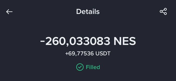 A mobile app screen showing transaction details for '-260,033083 NES' with '+69,77536 USDT' and a green 'Filled' status indicator.